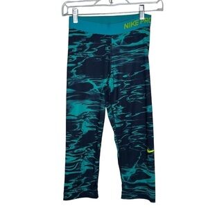 NIKE Pro Crop Leggings Dri Fit Marbled Oil Spill Print Blue Green Teal